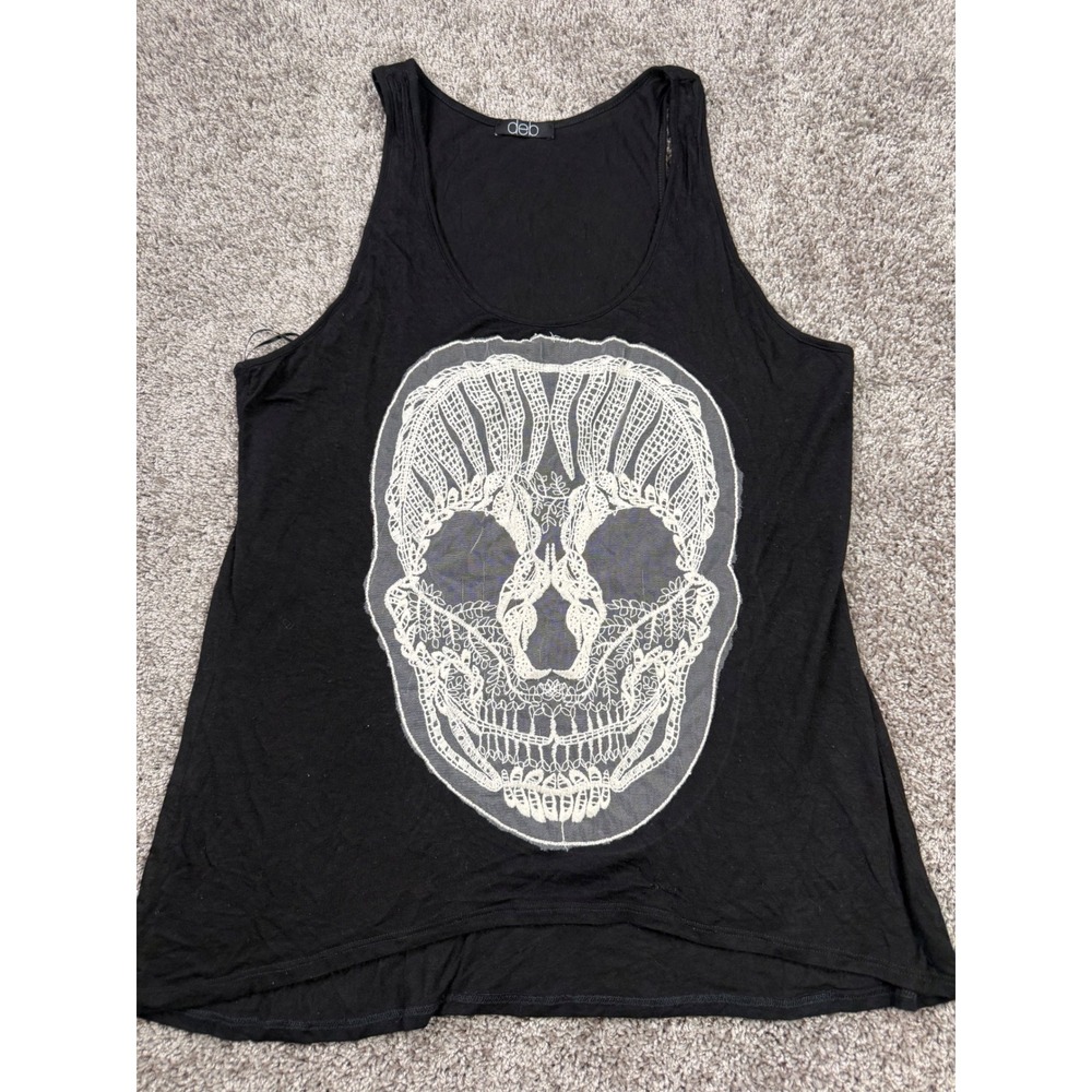 Deb Black Skull Lace Patch Tank Top Sleeveless High Low Hem Goth Boho 0998